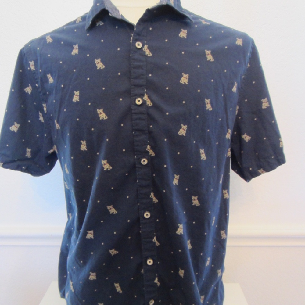 Denim & Flower Navy Shirt with Small Tan Cat Print